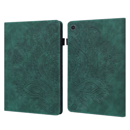 Green embossed leather-style tablet folio case with peacock pattern and camera cutout
