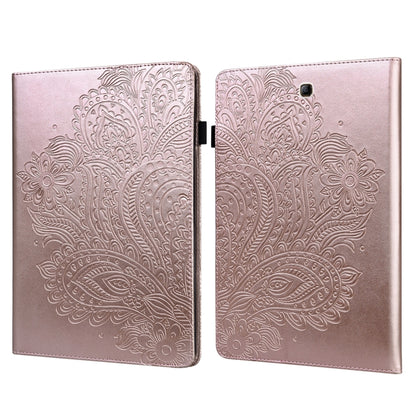 Rose gold peacock-embossed tablet case with flip cover and camera opening on back.
