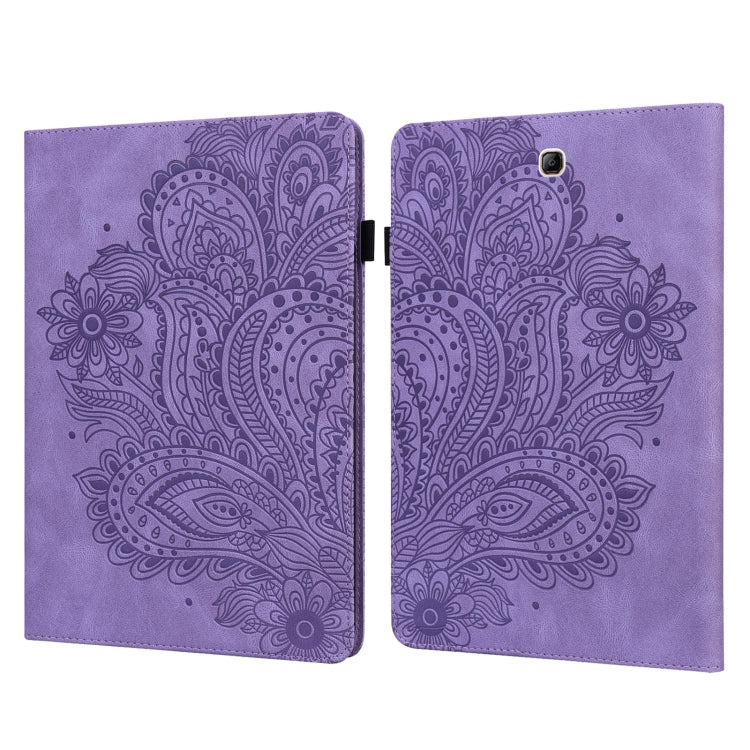 Purple peacock-embossed tablet case with flip cover and camera opening on back.