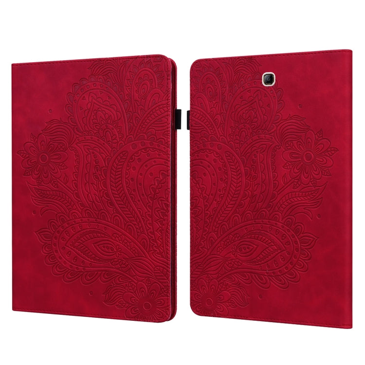 Red peacock embossed tablet folio case with small camera opening and side clasp