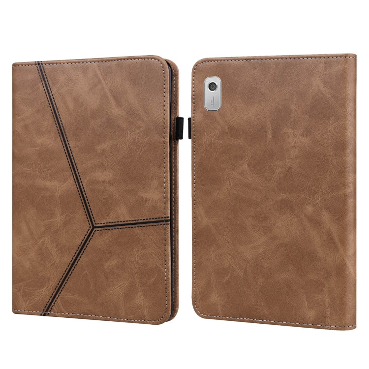Embossed striped leather tablet case, brown folio with stitched diagonal panel.