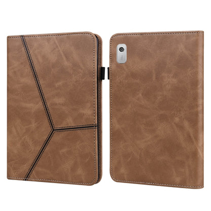 Embossed striped leather tablet case, brown folio with stitched diagonal panel.