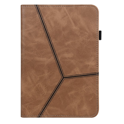 Embossed striped leather tablet case, brown folio cover with diagonal stitching detail.