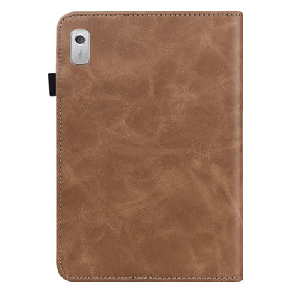 Embossed striped leather tablet case, brown front with camera cutout and stitched edges.