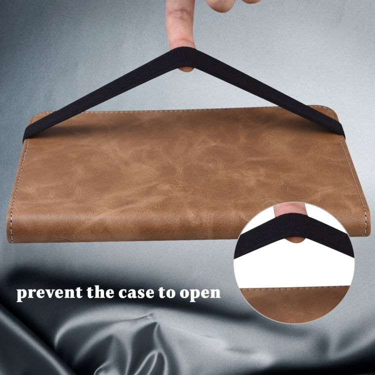 Embossed striped leather tablet case, brown folio with strap closure to help prevent opening.