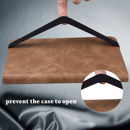 Embossed striped leather tablet case, brown folio with strap closure to help prevent opening.