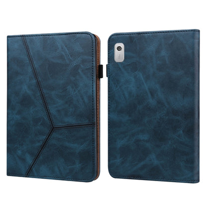 Embossed striped leather tablet case, blue folio with stitched diagonal panel.