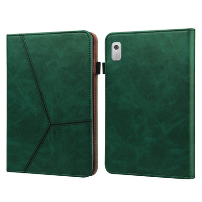 Embossed leather tablet case, green folio with striped pattern; front flap and camera cutout