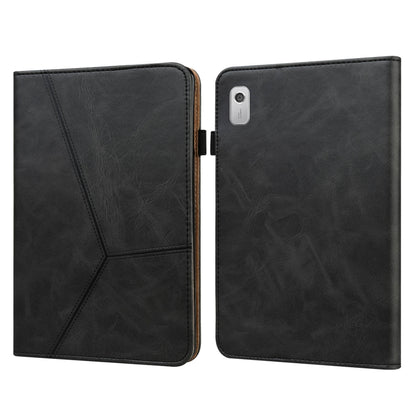 Embossed leather tablet case, black folio with striped pattern; front flap and camera cutout