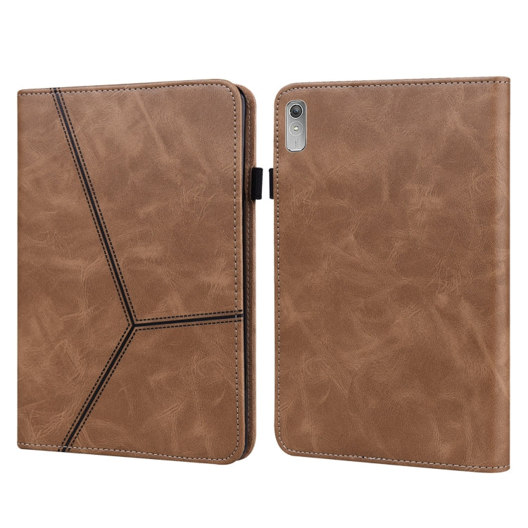 Embossed striped leather tablet case, brown folio front and back with diagonal stitching.