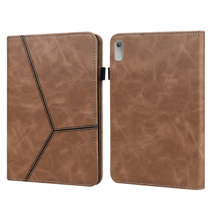 Embossed striped leather tablet case, brown folio front and back with diagonal stitching.