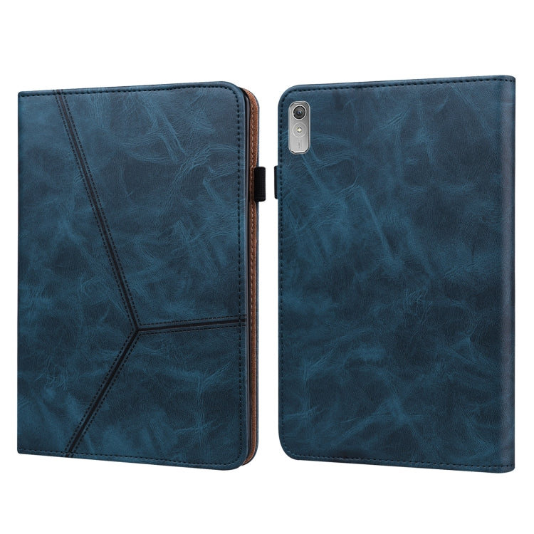 Embossed leather tablet case, blue folio with striped pattern; front flap and camera cutout
