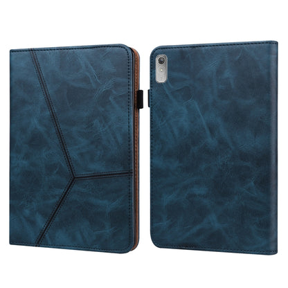 Embossed leather tablet case, blue folio with striped pattern; front flap and camera cutout