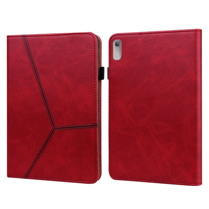 Embossed leather tablet case, red folio with striped pattern; camera and side slot cutouts