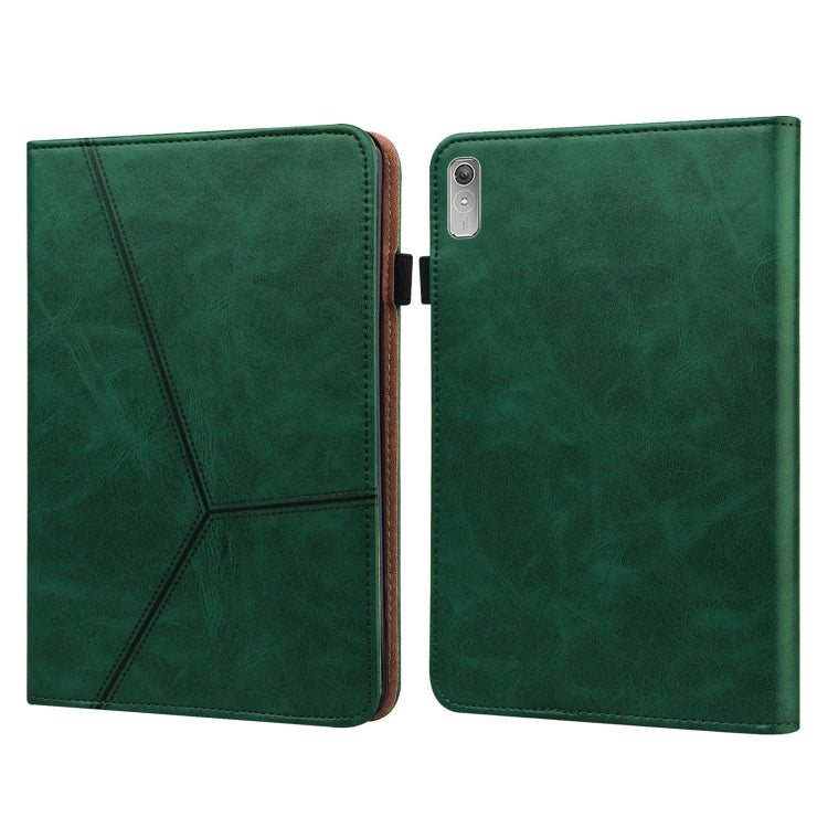 Embossed leather tablet case, green folio with striped pattern; front and back with camera opening