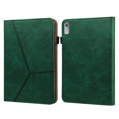 Embossed leather tablet case, green folio with striped pattern; front and back with camera opening
