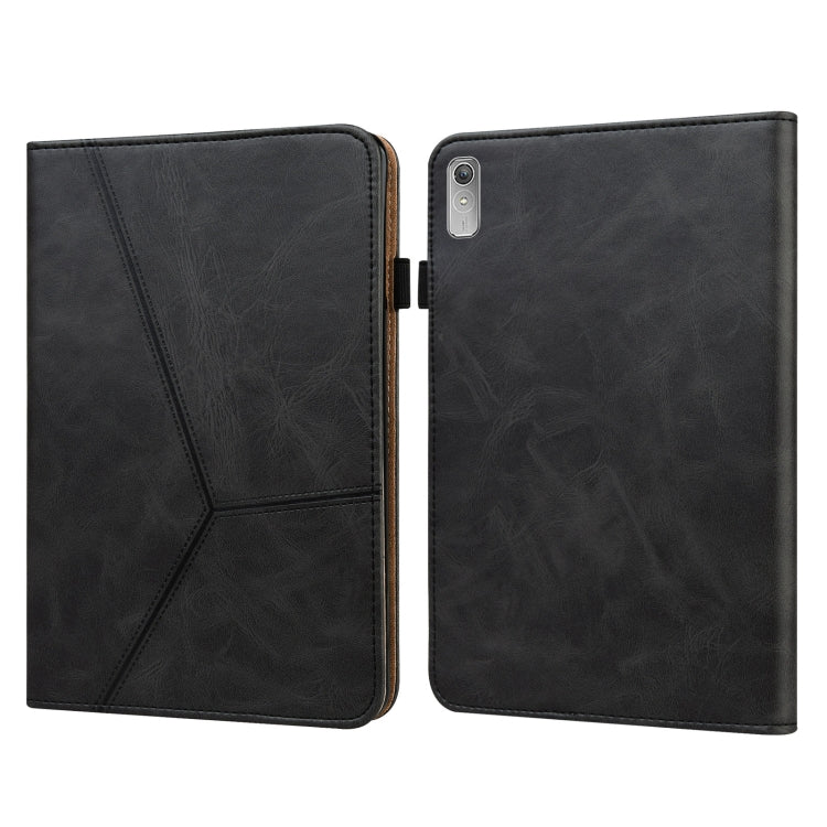 Embossed leather tablet case, black folio with striped pattern; front and back with camera opening