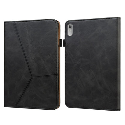 Embossed leather tablet case, black folio with striped pattern; front and back with camera opening