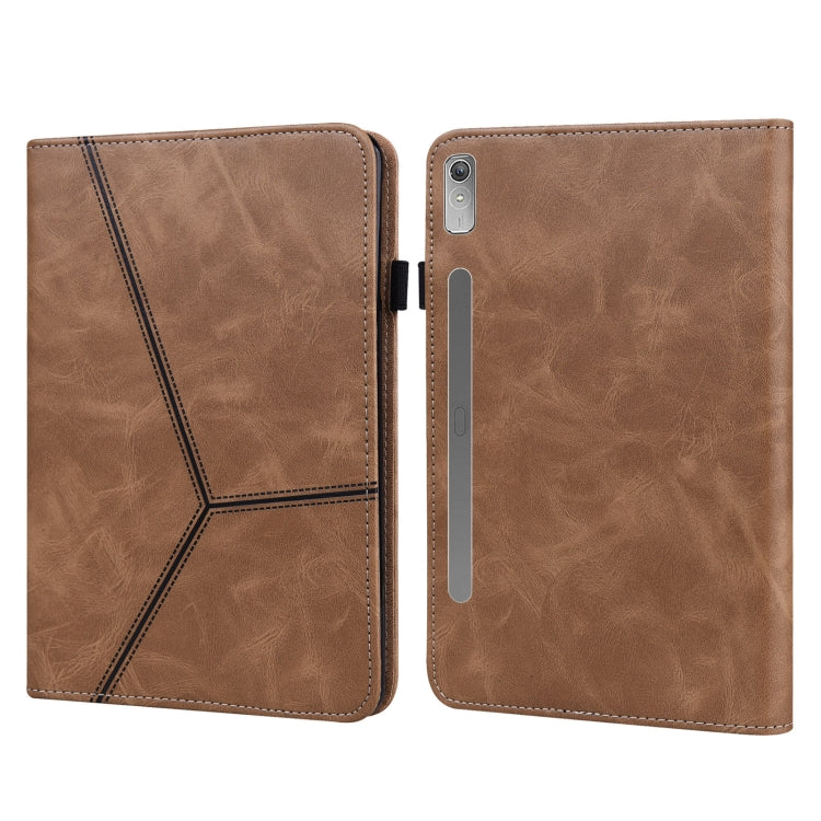 Embossed striped leather tablet case, brown back with camera and side port cutouts.