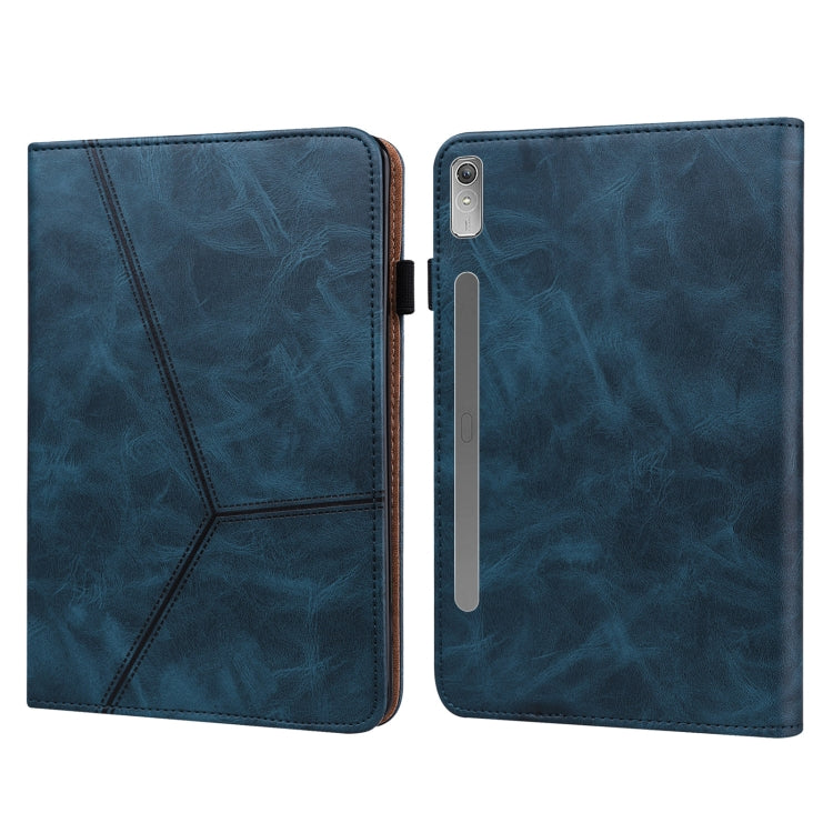 Embossed leather tablet case, blue folio with striped pattern; camera and side slot cutouts