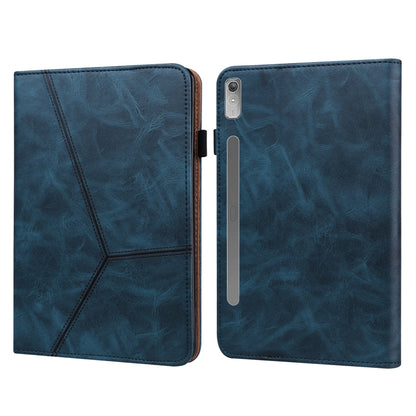 Embossed leather tablet case, blue folio with striped pattern; camera and side slot cutouts