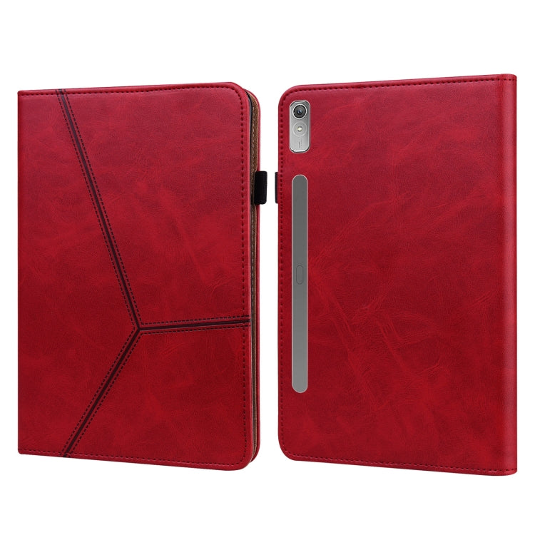 Embossed leather tablet case, red folio with striped pattern; side slot visible on the back