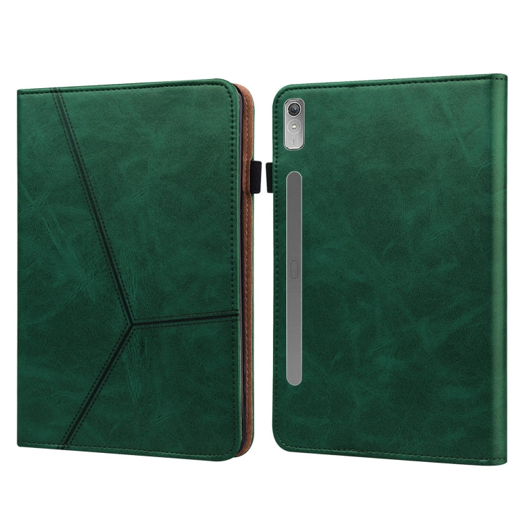 Embossed leather tablet case, green folio with striped pattern; camera and side slot cutouts