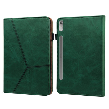 Embossed leather tablet case, green folio with striped pattern; camera and side slot cutouts