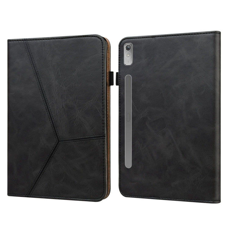 Black embossed striped leather tablet case with folio cover and cutouts for side buttons