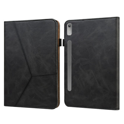 Black embossed striped leather tablet case with folio cover and cutouts for side buttons