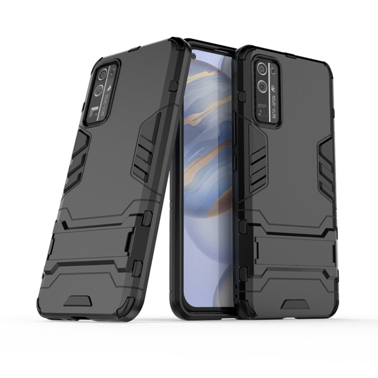 Black rugged PC+TPU protective phone case with invisible holder and raised edges