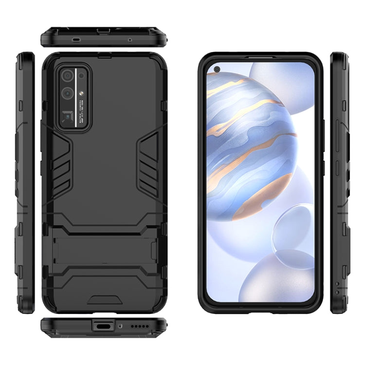 Black rugged protective phone case with cutouts and side button openings, multi-view