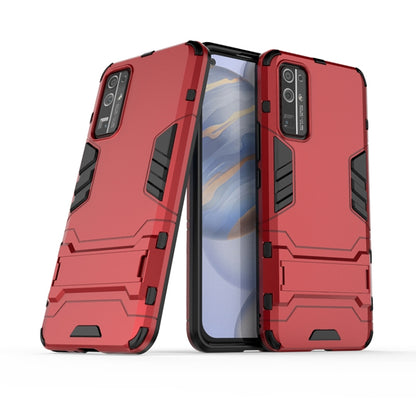 Red rugged PC+TPU protective phone case with invisible holder and raised corners