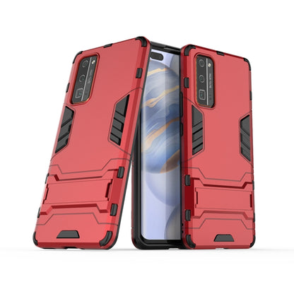 Red rugged protective phone case with invisible holder and textured armor design