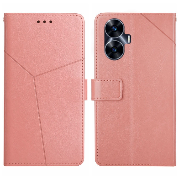 Pink Y-pattern flip phone case with magnetic closure; camera and port cutouts