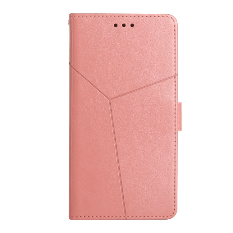 Pink Y-pattern flip phone case with stitched edges and front cover panel