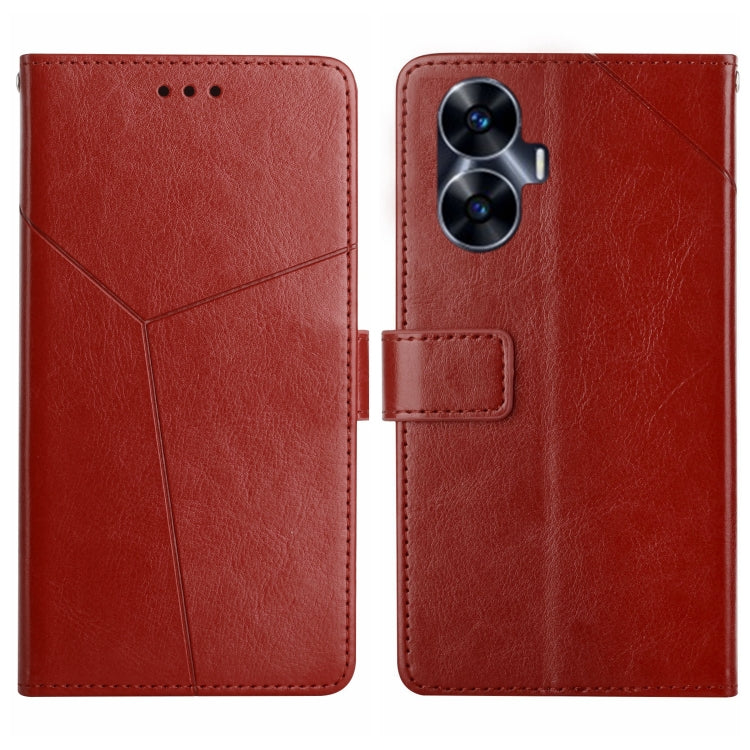 Brown flip leather phone case with Y-shaped pattern and camera cutout