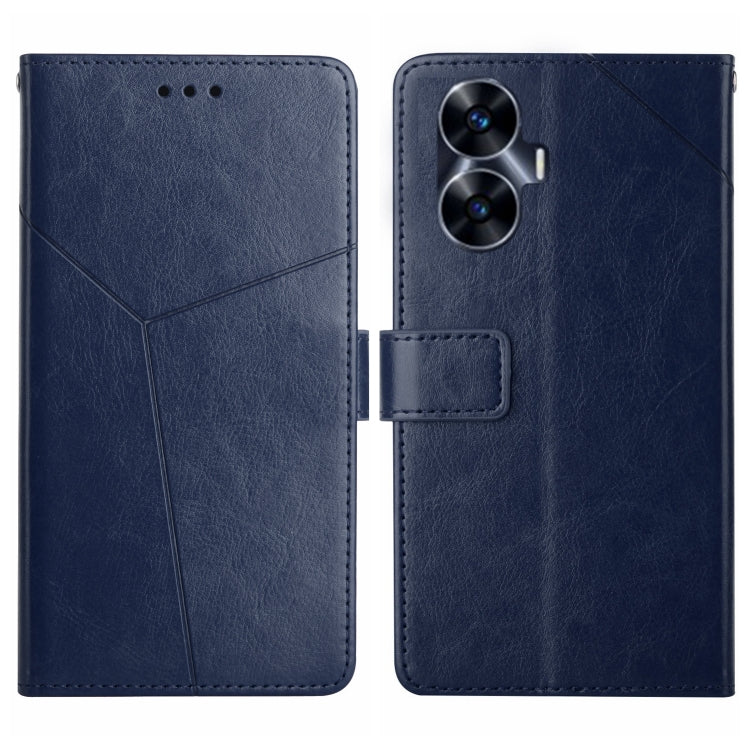 Blue flip leather phone case with Y-shaped pattern and dual-lens camera cutout