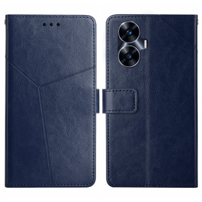 Blue flip leather phone case with Y-shaped pattern and dual-lens camera cutout