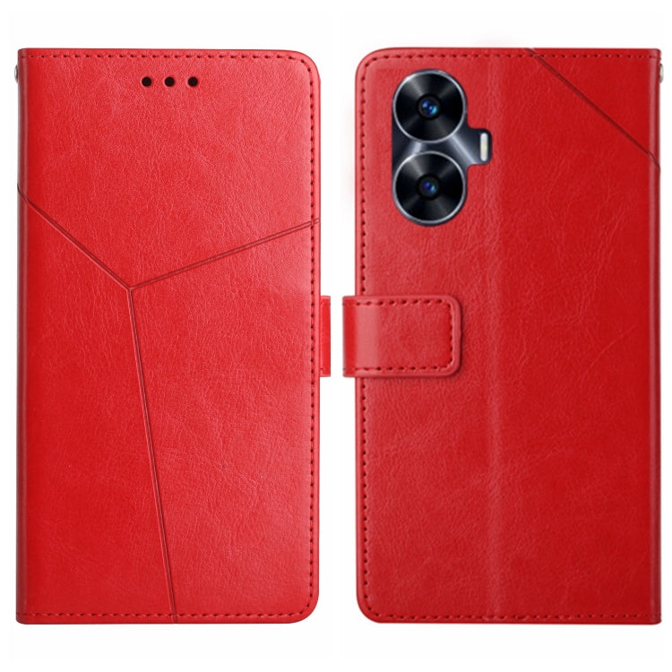 Red flip leather phone case with Y-shaped pattern and dual-lens camera cutout