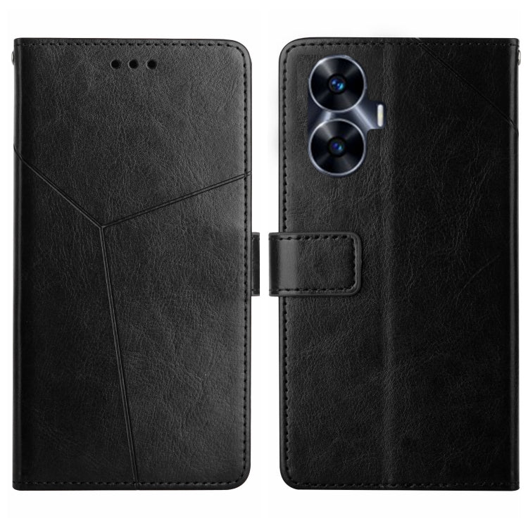 Black leather flip phone case with Y-shaped pattern; camera cutout and speaker holes