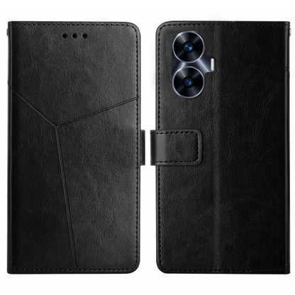 Black leather flip phone case with Y-shaped pattern; camera cutout and speaker holes