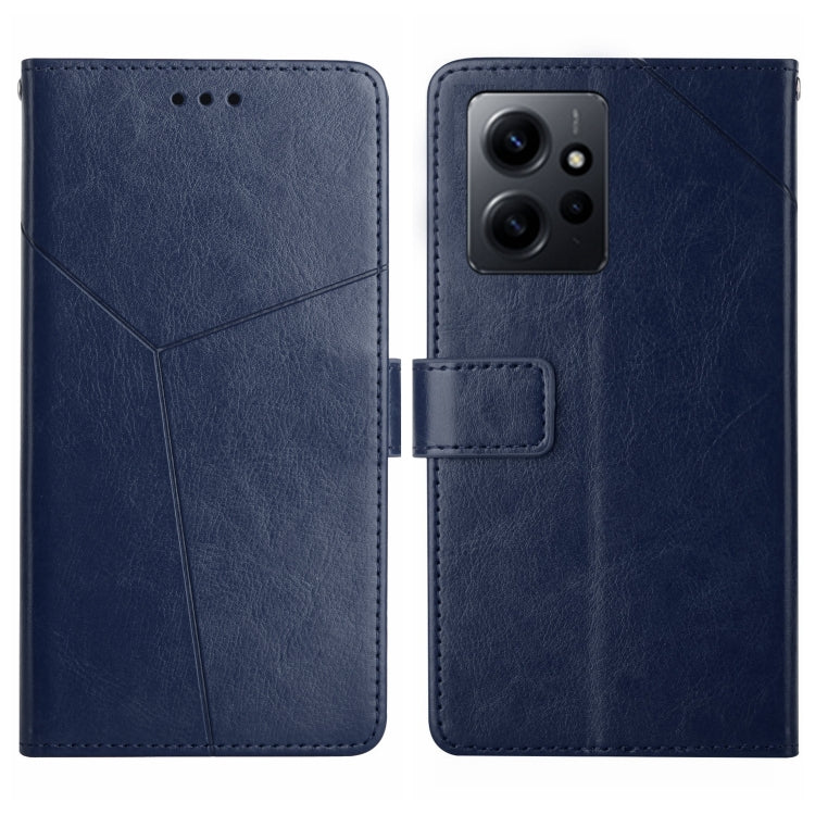 Blue flip leather phone case with Y-shaped pattern and quad-lens camera cutout