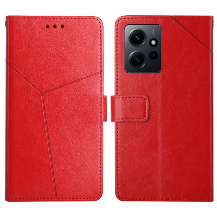 Red leather flip phone case with Y-shaped pattern; camera cutout and speaker holes