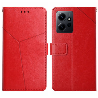 Red leather flip phone case with Y-shaped pattern; camera cutout and speaker holes