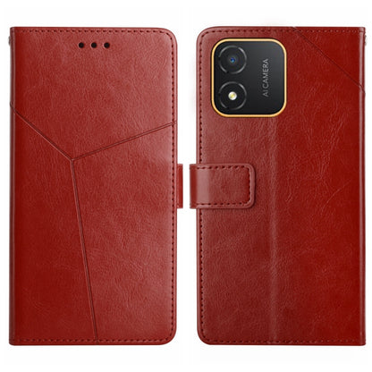 Red flip leather phone case with Y-shaped pattern and gold-edged camera cutout