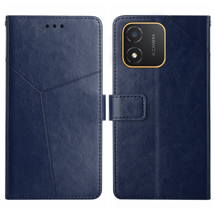 Blue flip leather phone case with Y-shaped pattern and gold-edged camera cutout