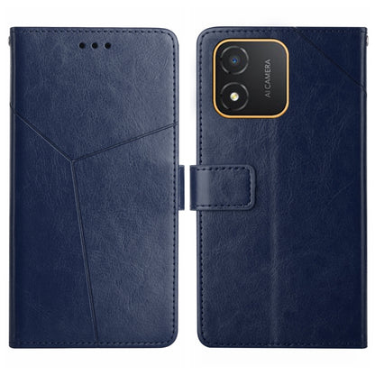 Blue flip leather phone case with Y-shaped pattern and gold-edged camera cutout