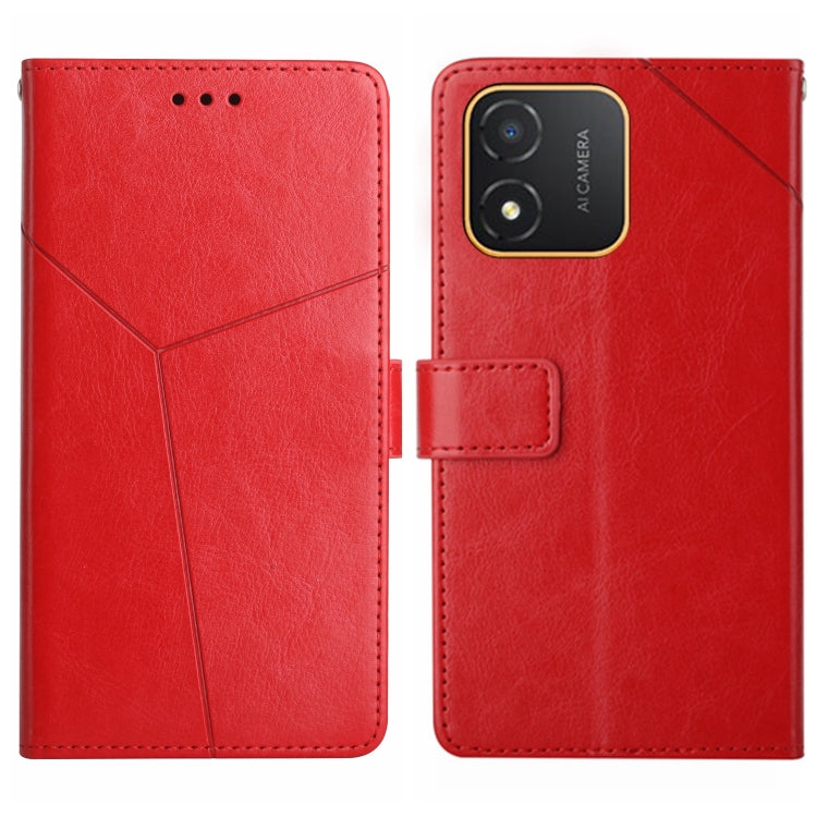 Red leather flip phone case with Y-shaped pattern; camera cutout with AI CAMERA text