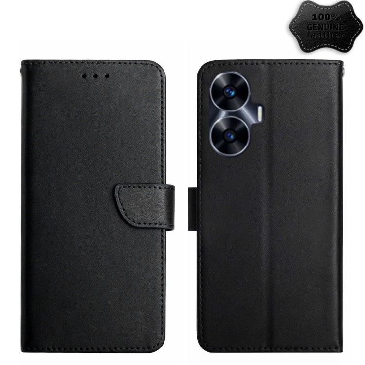 Black genuine leather flip phone case with side strap and stitched edges